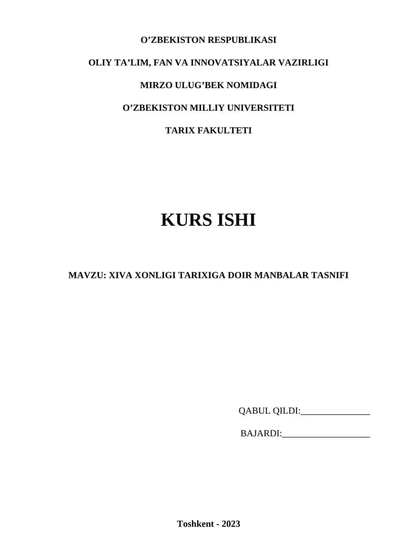 XIVA XONLIGI TARIXIGA DOIR MANBALAR TASNIFI