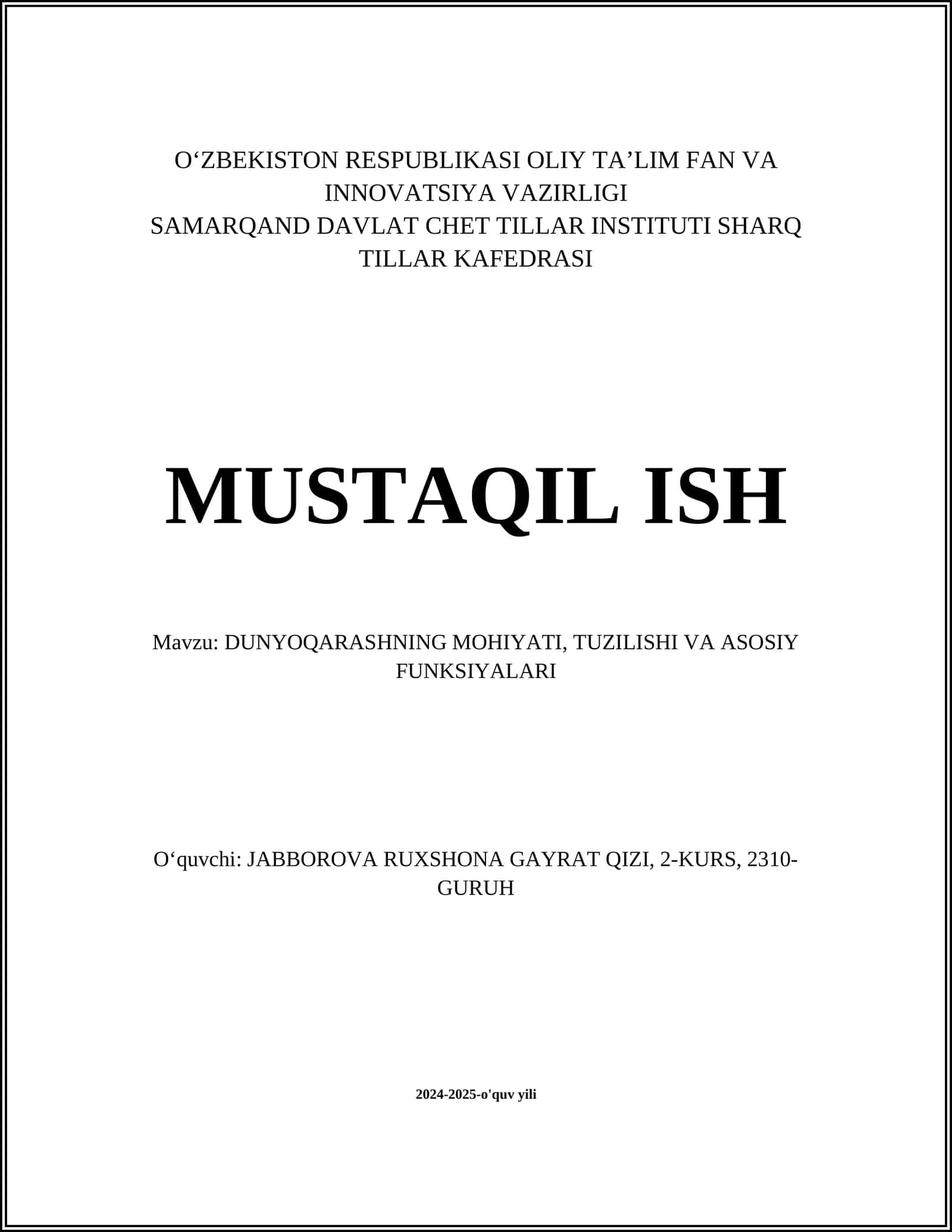 DUNYOQARASHNING MOHIYATI, TUZILISHI VA ASOSIY FUNKSIYALARI
