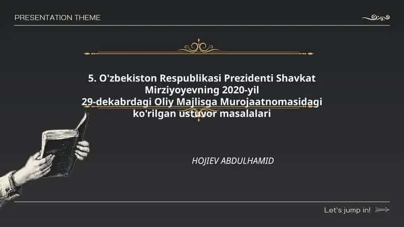 O'zbekiston Respublikasi Prezidenti Shavkat Mirziyoyevning 2020-yil29-dekabrdagi Oliy Majlisga Murojaatnomasidagi ko'rilgan ustuvor masalalari