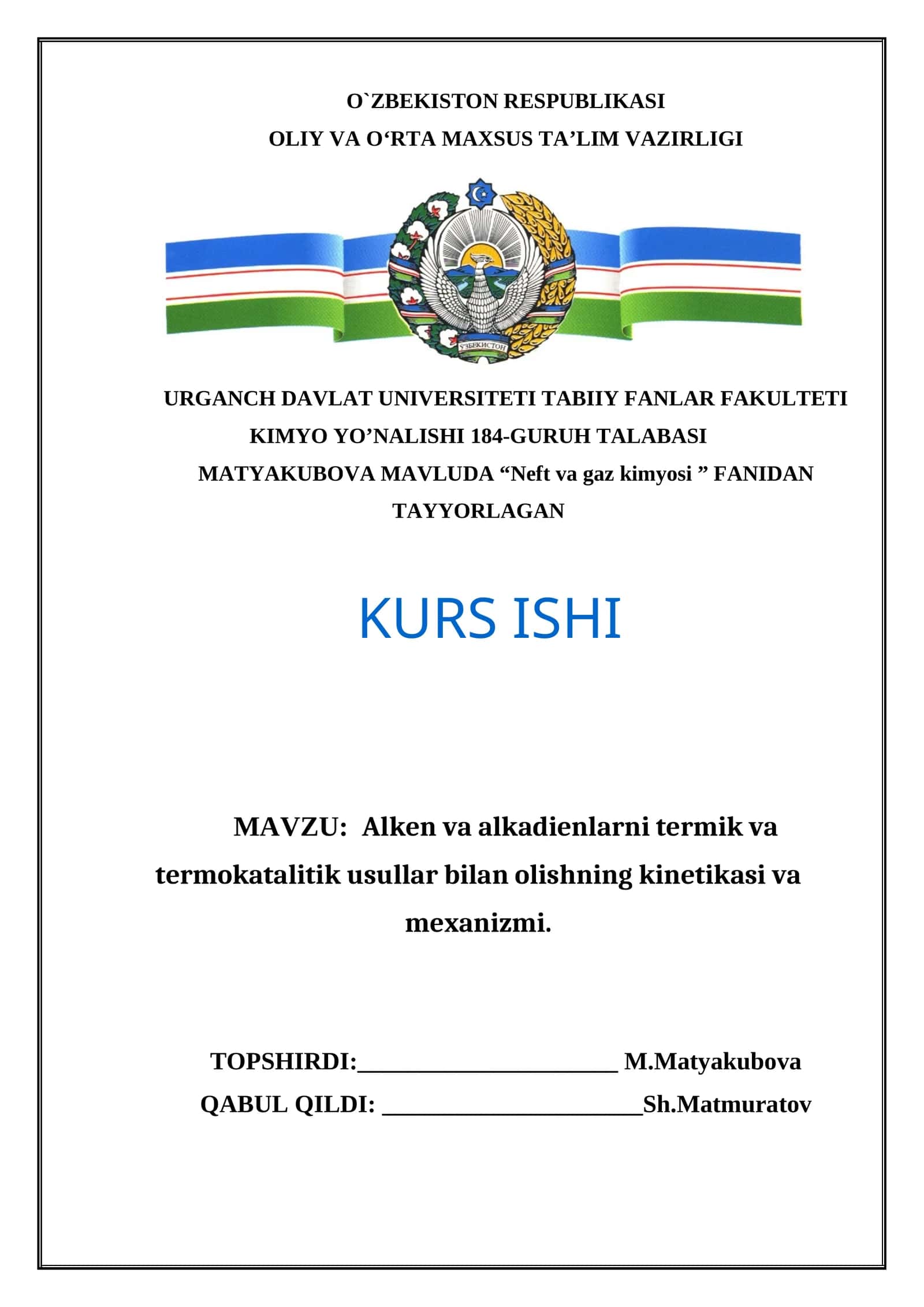 Neft va gaz kimyosi kurs ishi