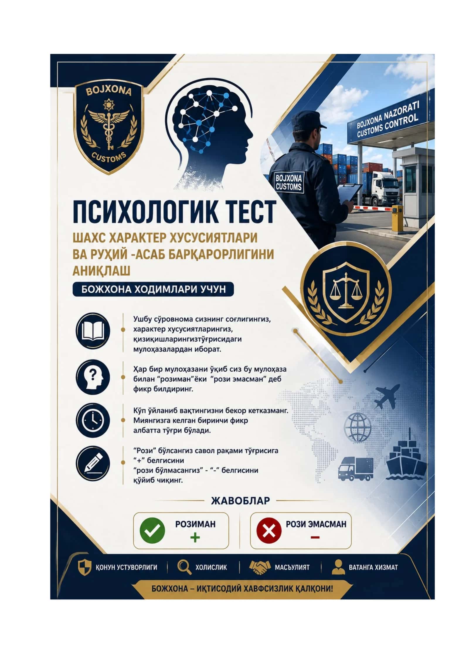 BOJXONAGA ISHGA KIRISH UCHUN PSIXOLOGIK TEST SAVOL