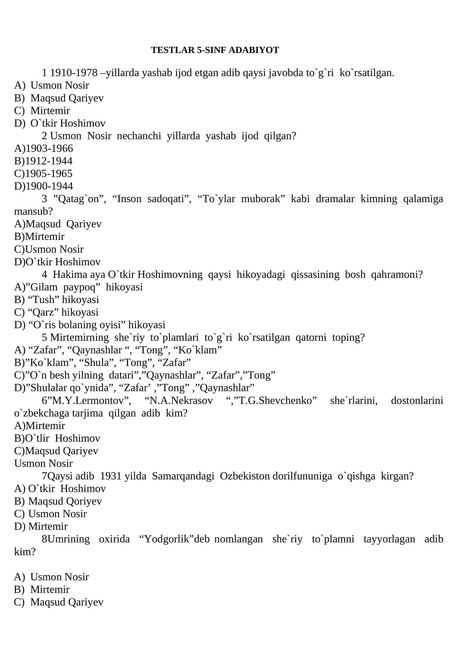 TESTLAR 5-SINF ADABIYOT