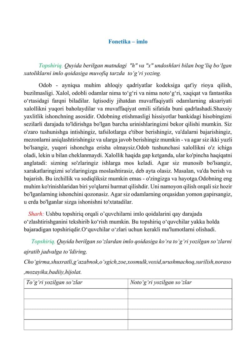 fonetika-talaffuz,fonetika - imlo, leksikalogiya, mustaqil so'zlar, yordamchi so'zlar, oraliqdagi so'zlar