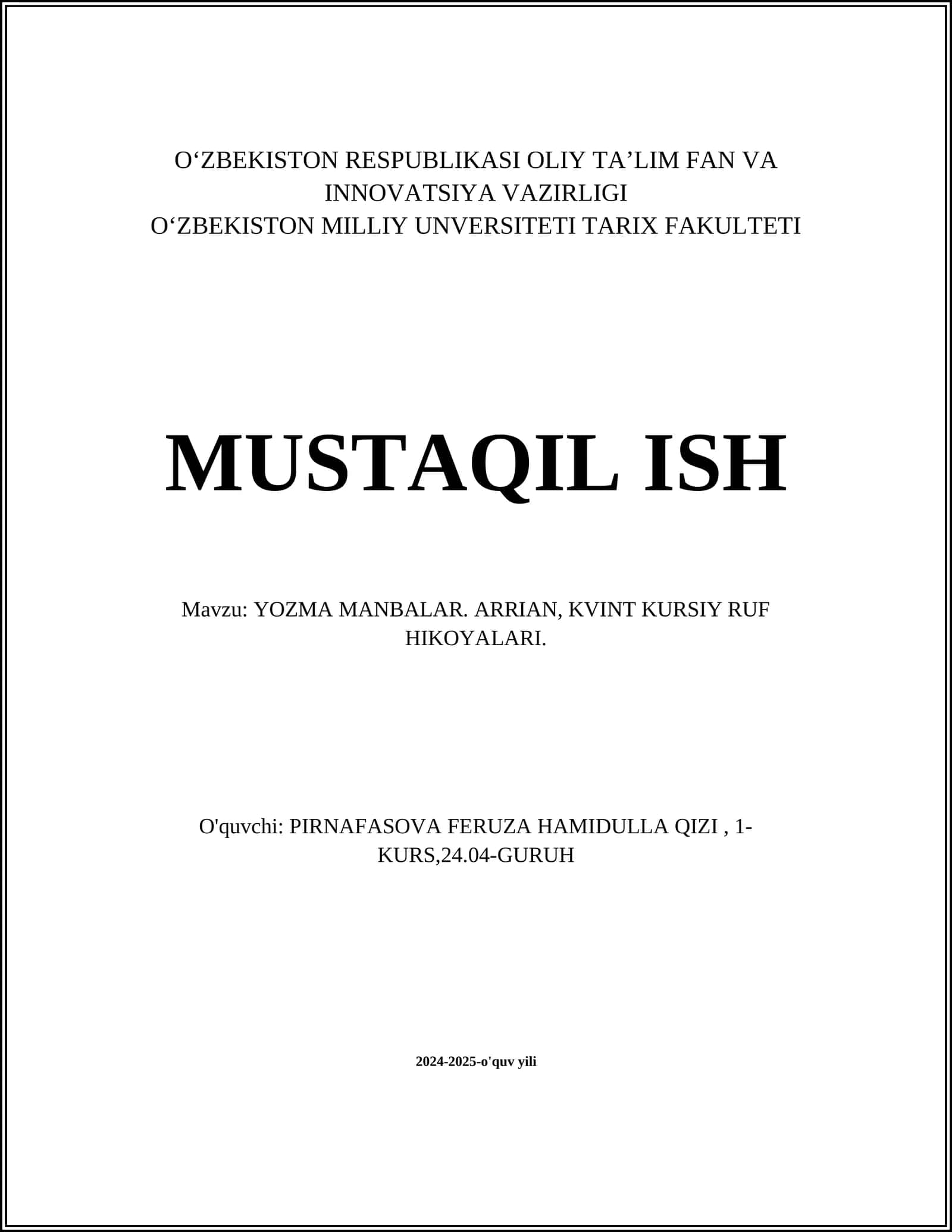 YOZMA MANBALAR. ARRIAN, KVINT KURSIY RUF HIKOYALARI