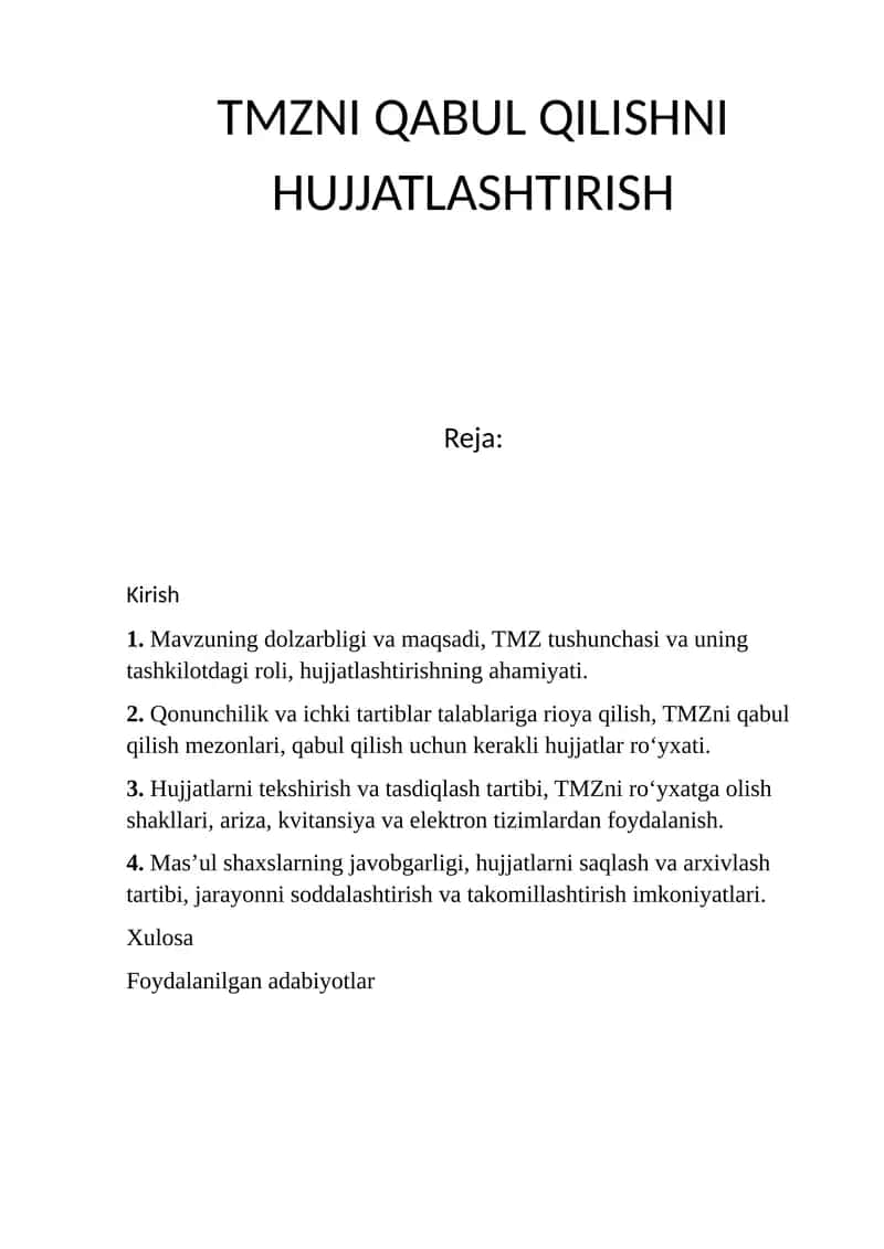 TMZni Qabul Qilishni Hujjatlashtirish