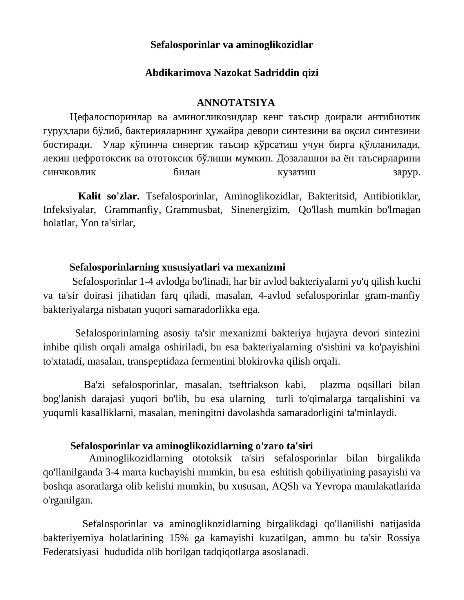 Sefalosporinlar va aminoglikozidlar