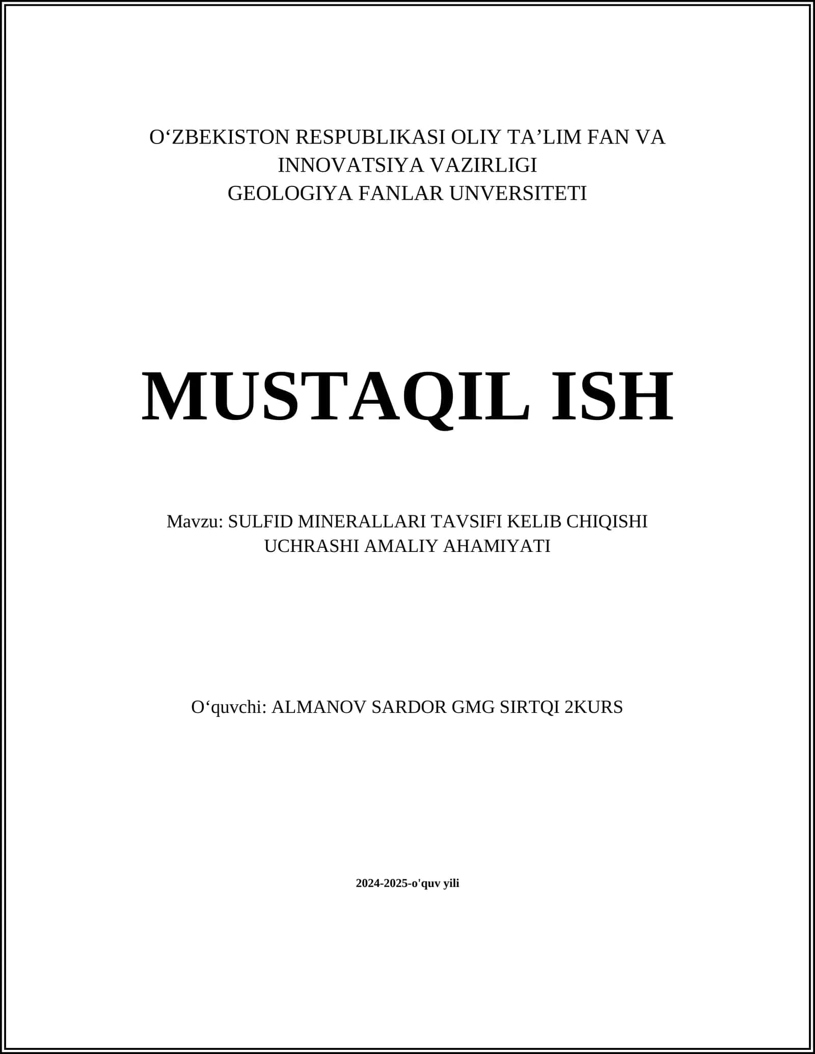 SULFID MINERALLARI TAVSIFI KELIB CHIQISHI