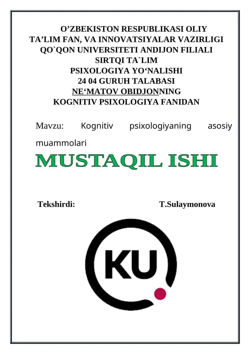 Kognitiv psixologiyadan mustaqil ish
