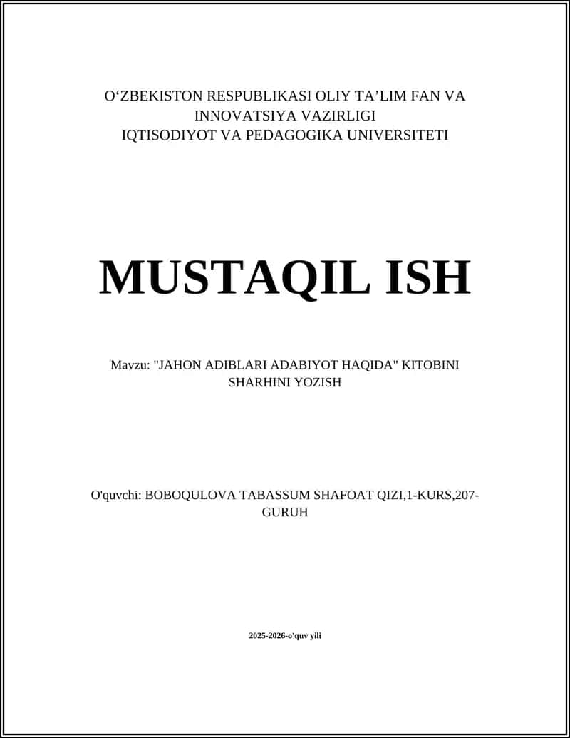 "JAHON ADIBLARI ADABIYOT HAQIDA" KITOBINI SHARHINI YOZISH