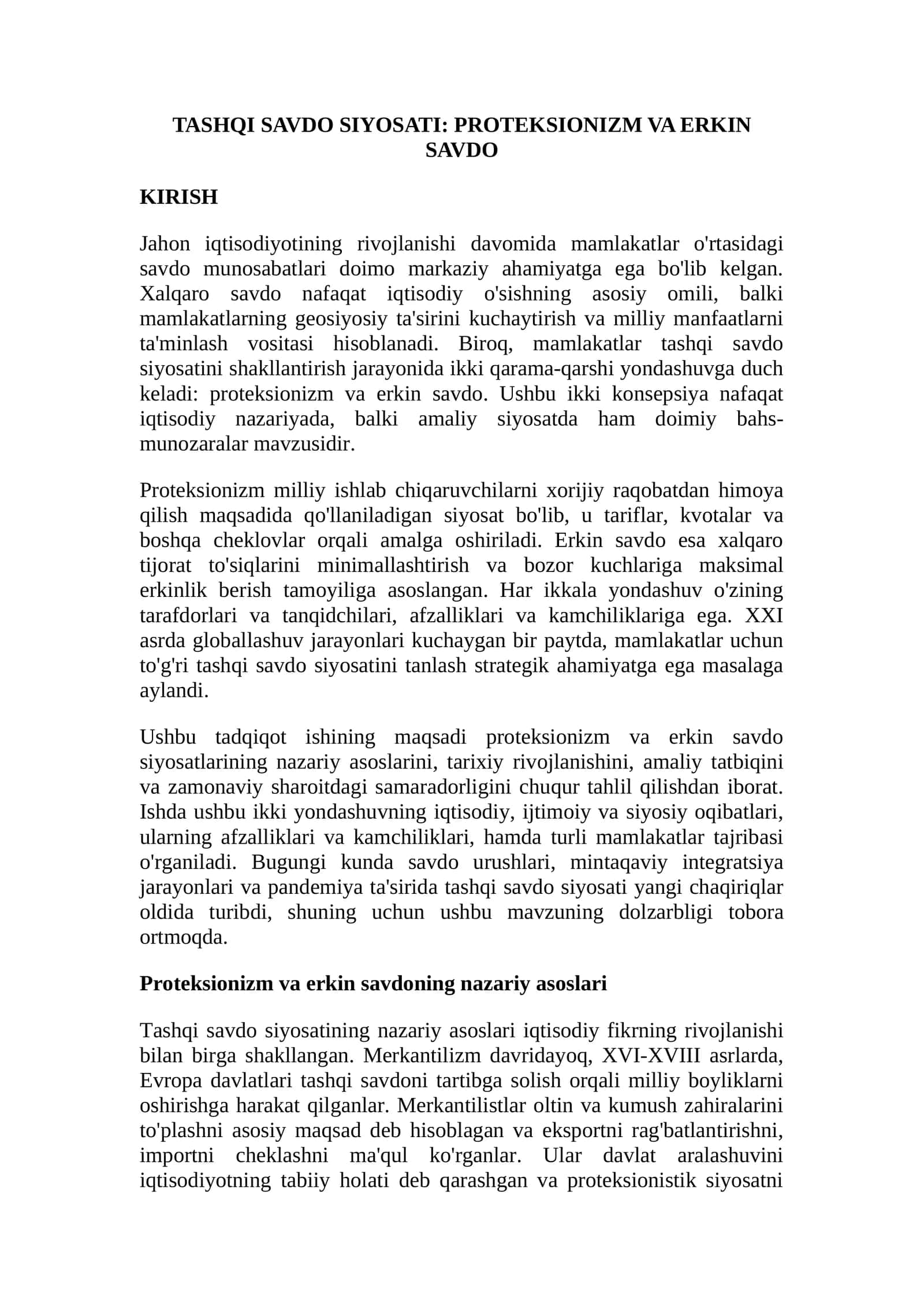 TASHQI SAVDO SIYOSATI: PROTEKSIONIZM VA ERKIN SAVDO