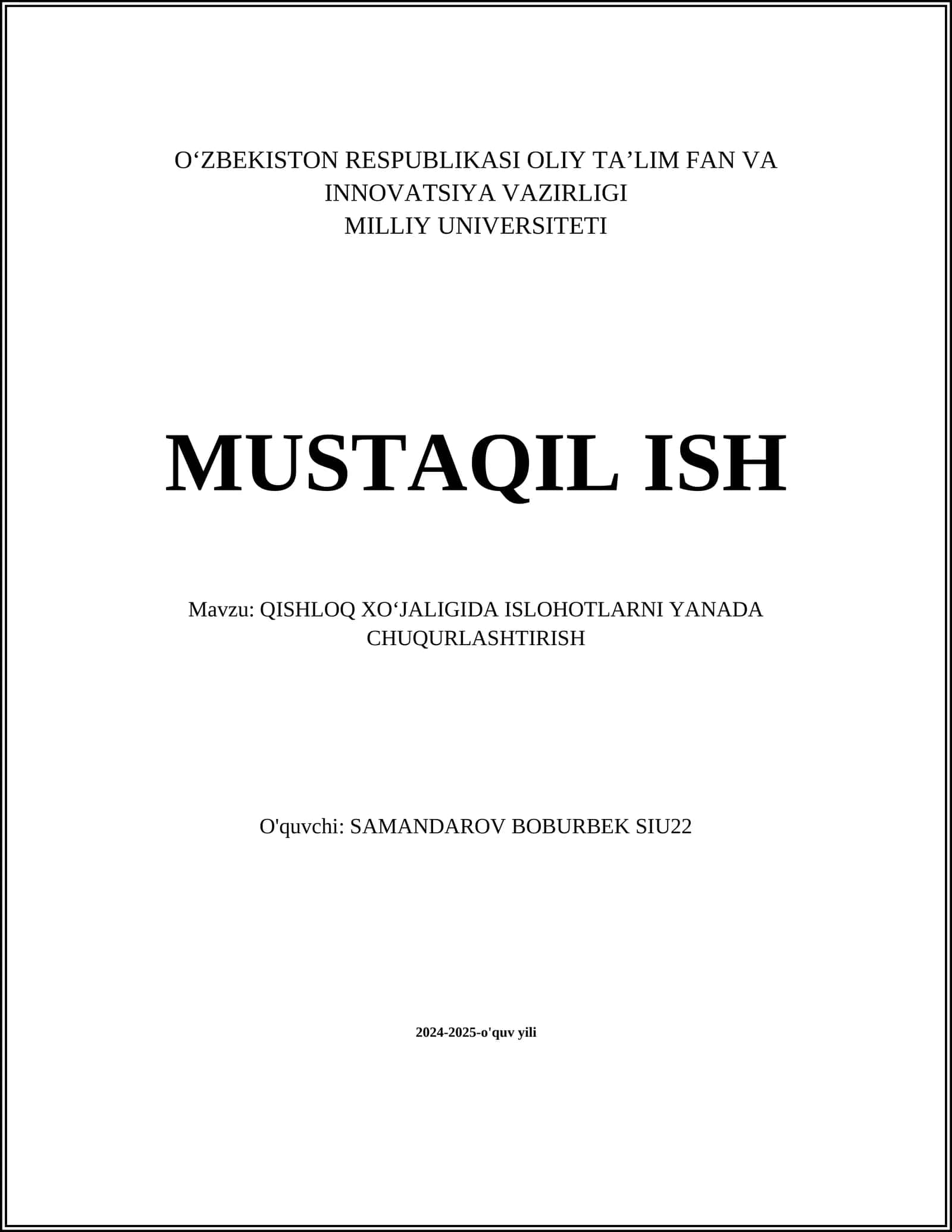 QISHLOQ XO‘JALIGIDA ISLOHOTLARNI YANADA CHUQURLASHTIRISH