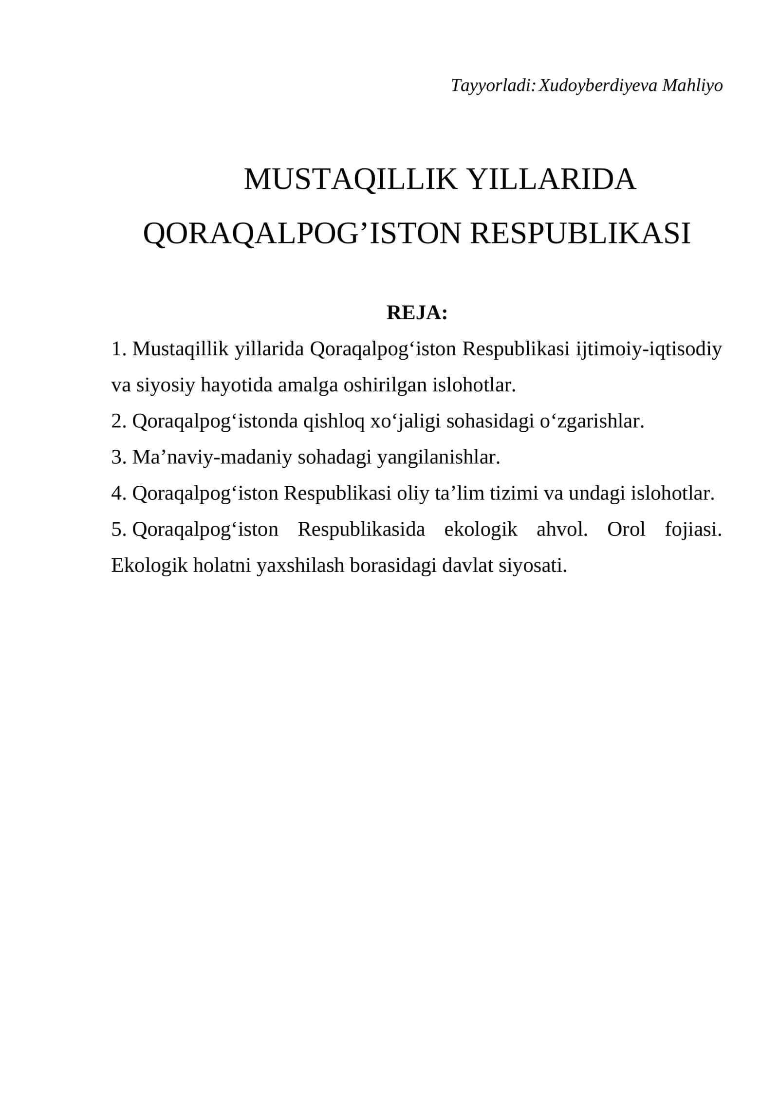 Mustaqillik Yillarida Qoraqalpog’iston Respublikasi