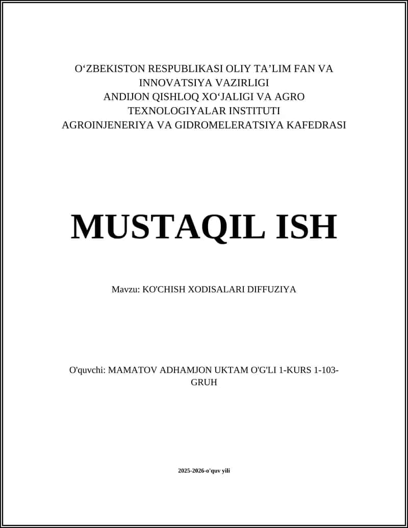 KO'CHISH XODISALARI DIFFUZIYA