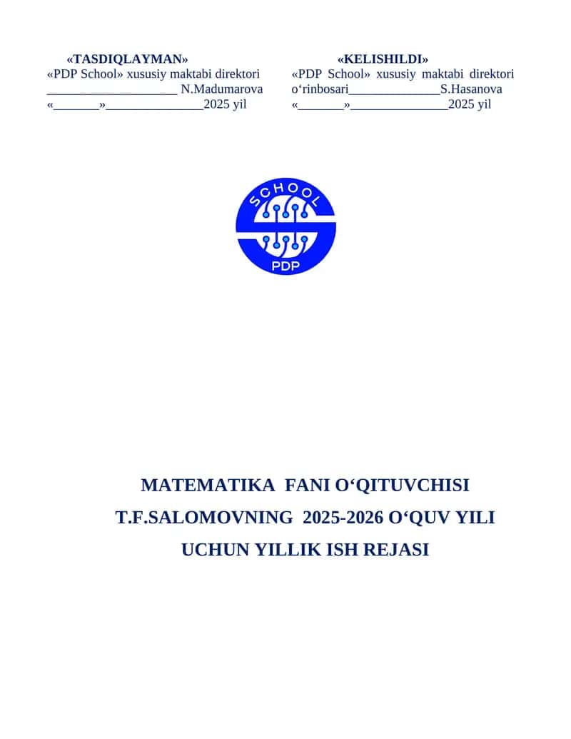 Matematika fanidan yillik ish reja ixtisoslashtirilgan maktablar uchun