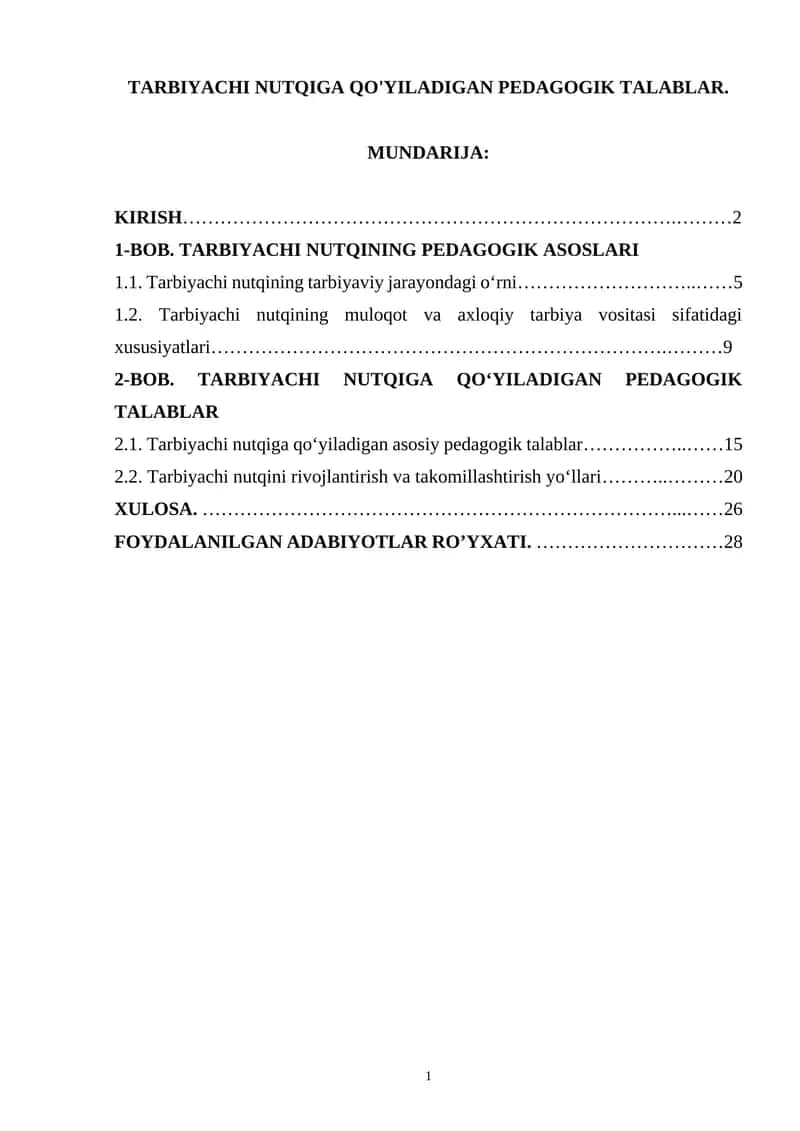 TARBIYACHI NUTQIGA QO'YILADIGAN PEDAGOGIK TALABLAR