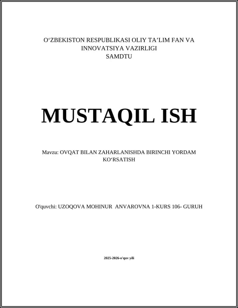 OVQAT BILAN ZAHARLANISHDA BIRINCHI YORDAM KOʻRSATISH