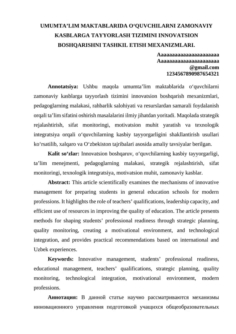 Zamonaviy kasblarga tayyorlash tizimini innovatsion boshqaruv maqola