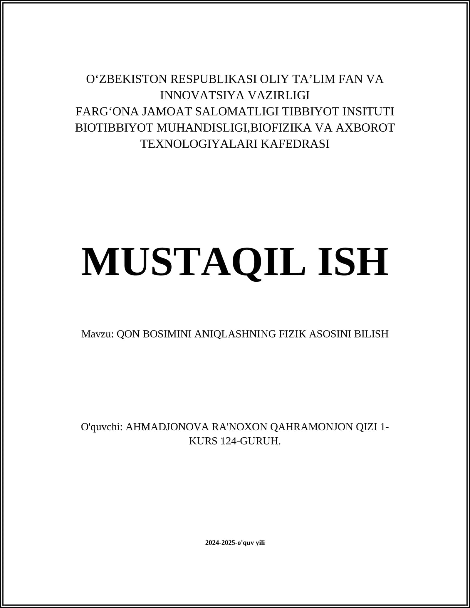QON BOSIMINI ANIQLASHNING FIZIK ASOSINI BILISH