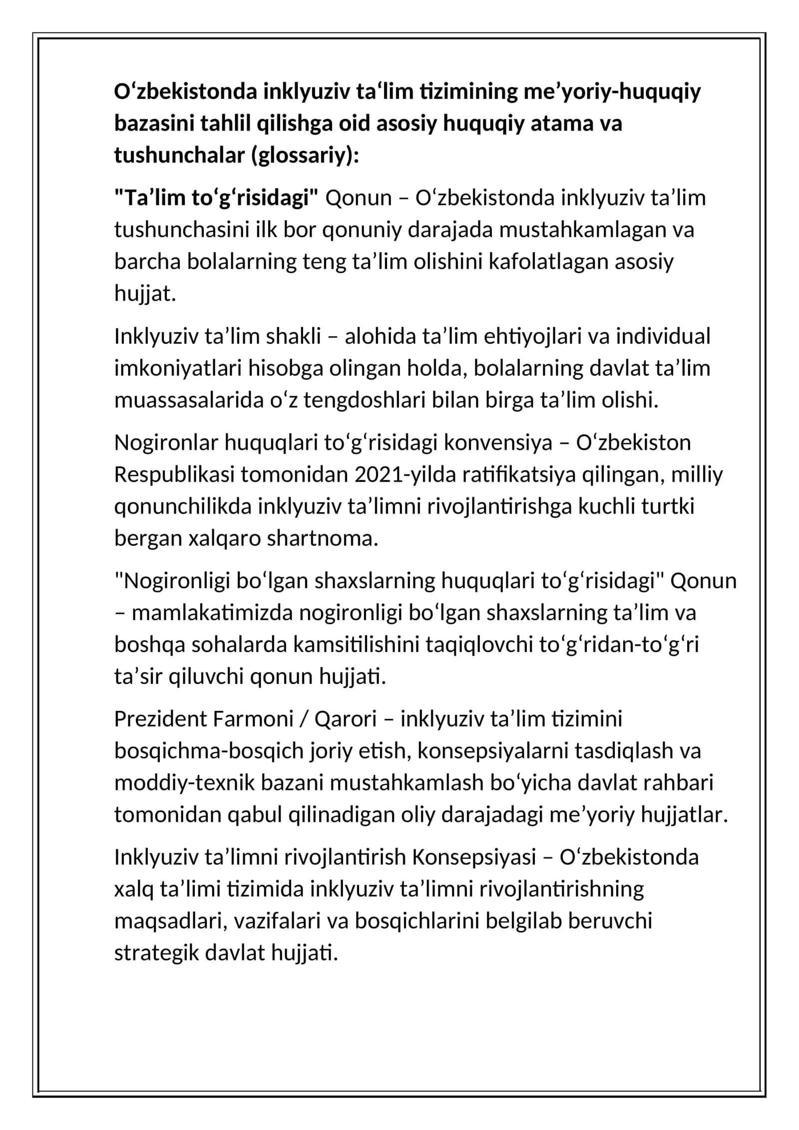 inklyuziv talimga oid glasary