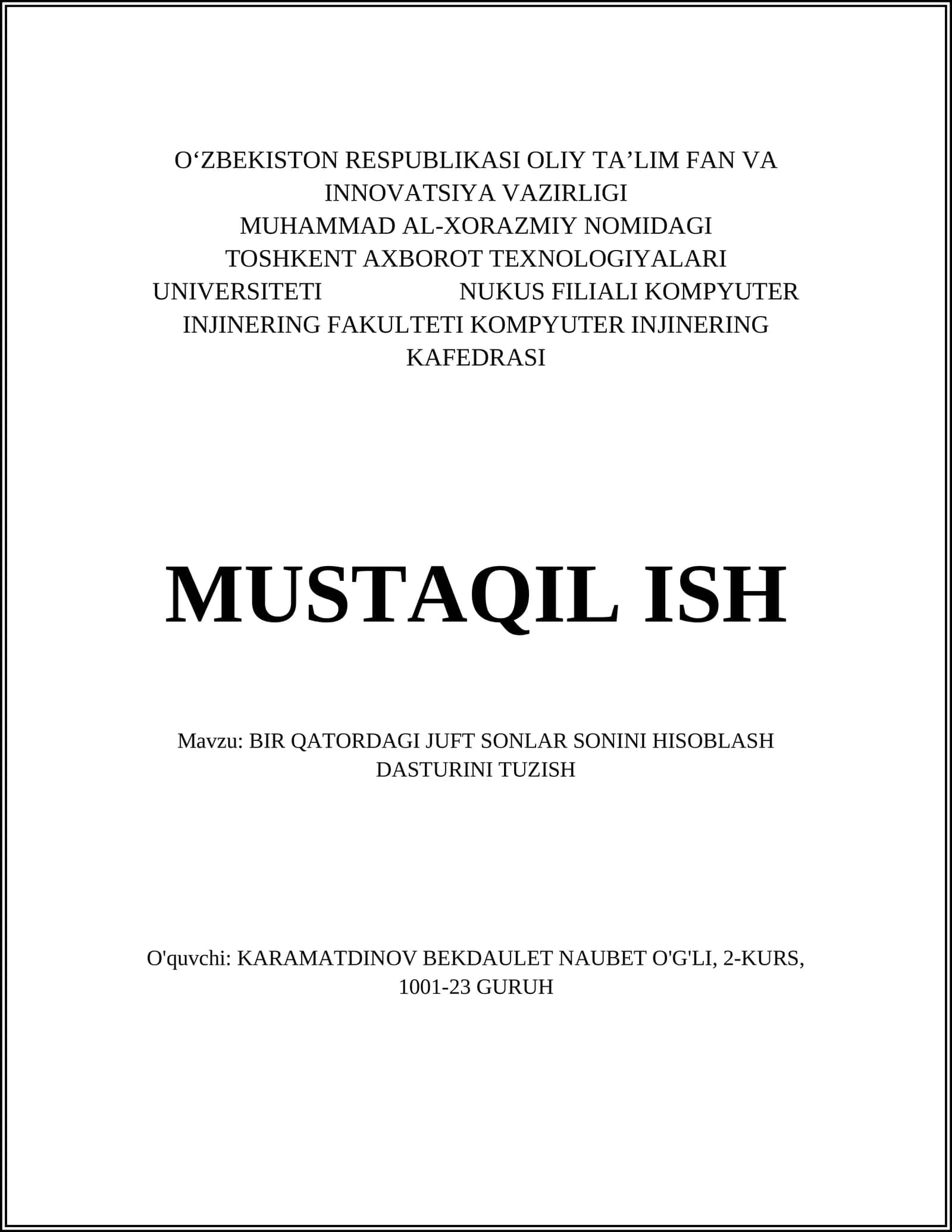 BIR QATORDAGI JUFT SONLAR SONINI HISOBLASH DASTURINI TUZISH