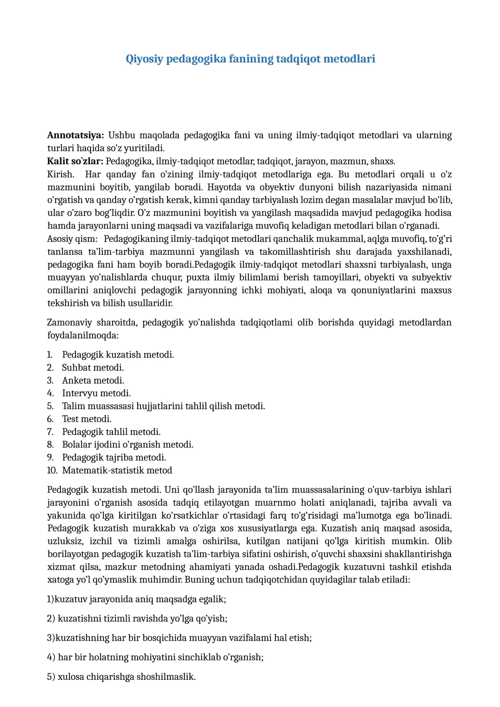 Qiyosiy pedagogika fanining tadqiqot metodlari