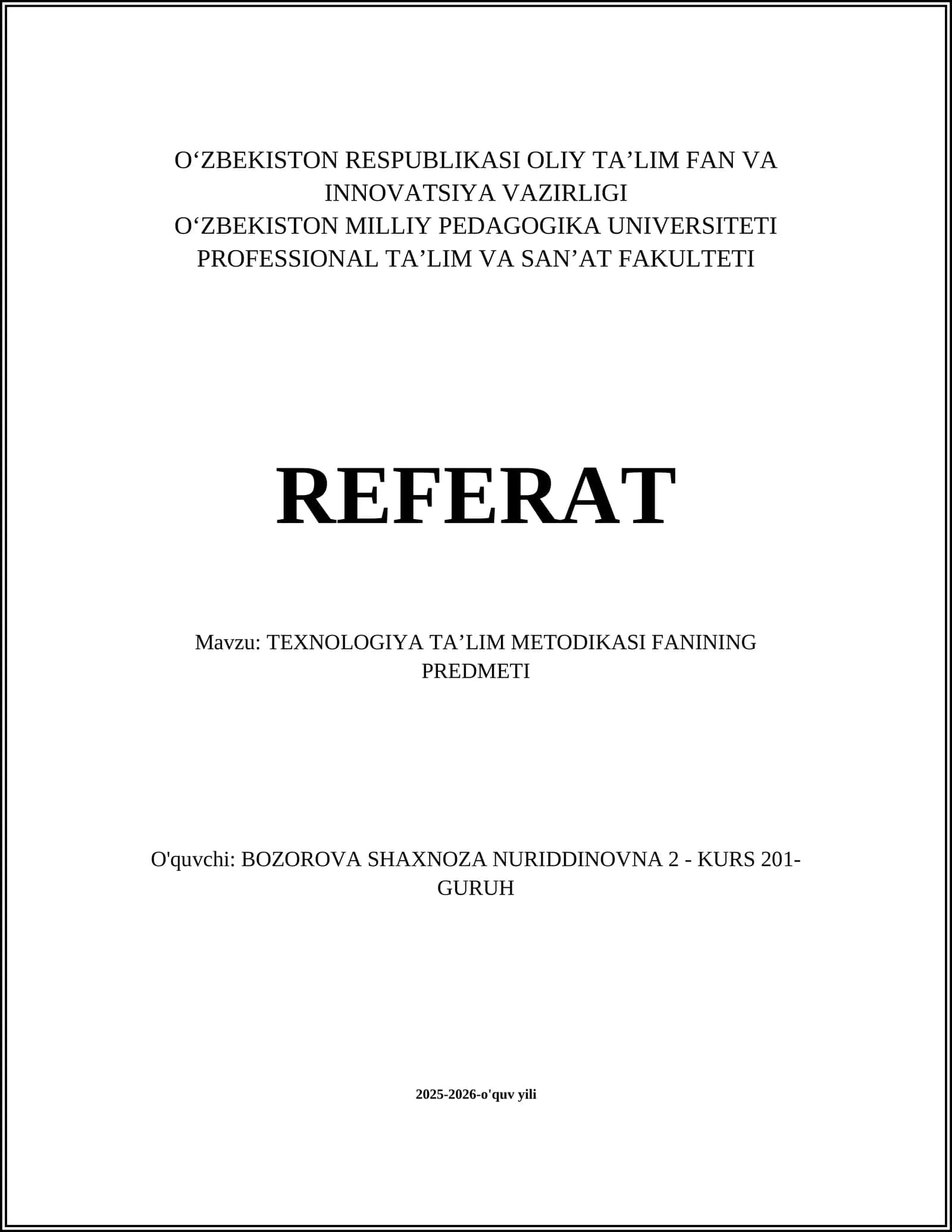 TEXNOLOGIYA TAʼLIM METODIKASI FANINING PREDMETI