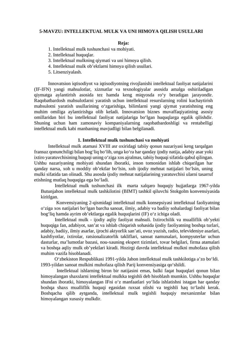 INTELLEKTUAL MULK VA UNI HIMOYA QILISH USULLARI