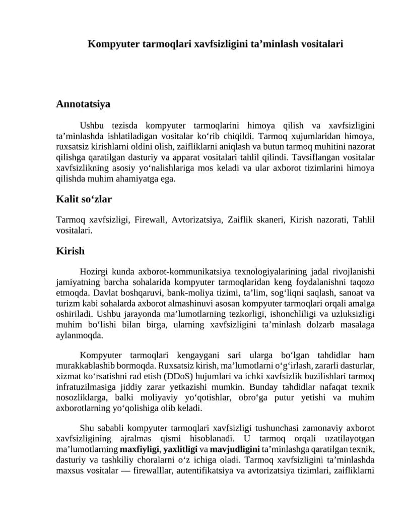 Kompyuter tarmoqlari xavfsizligini taʼminlash vositalari