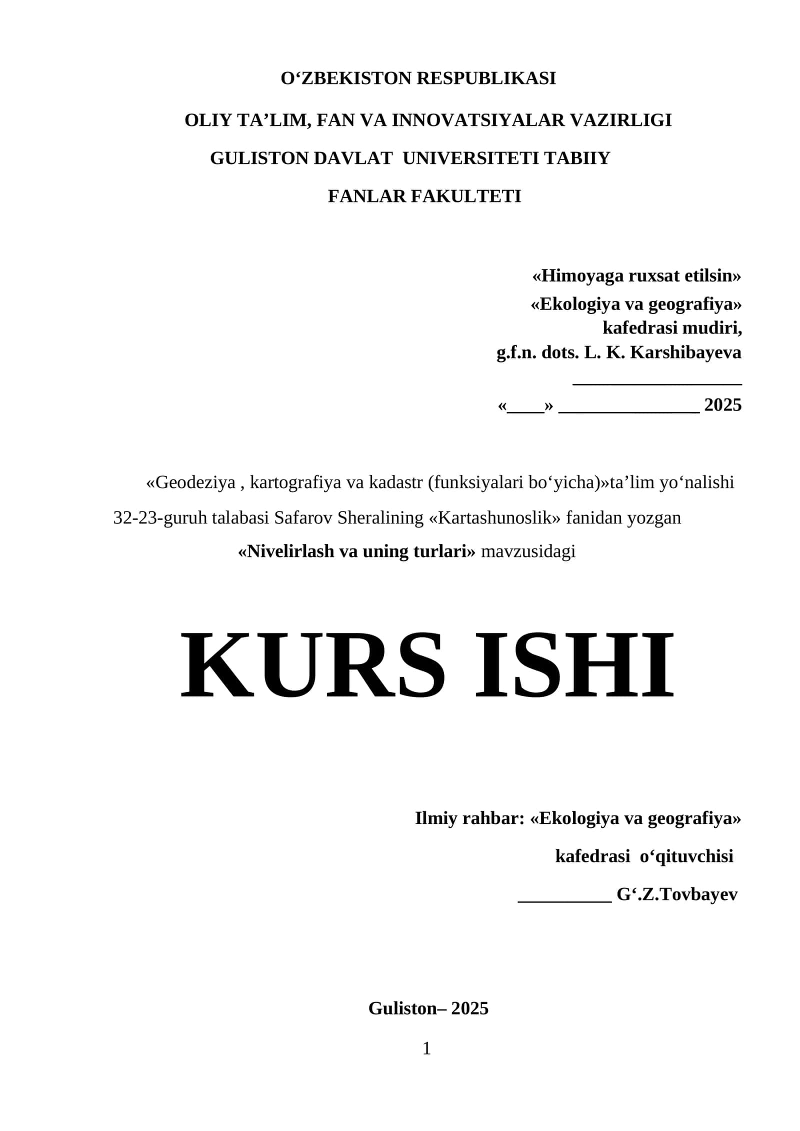 Nivelirlash va uning turlari: KURS ISHI