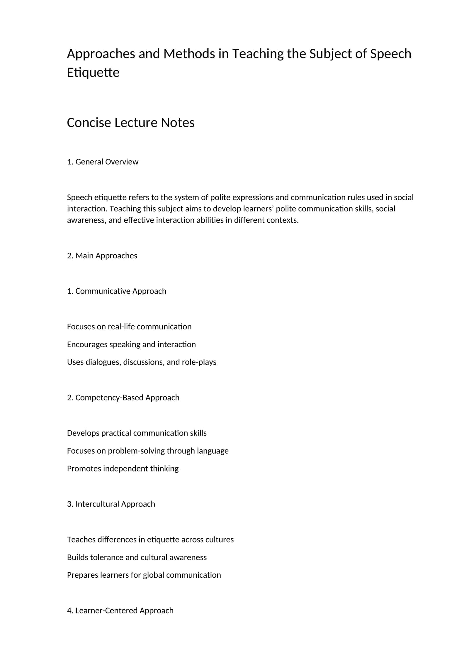 Approaches and Methods in Teaching the Subject of Speech Etiquette
