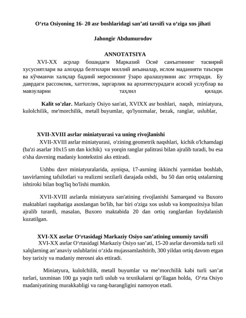 Oʻrta Osiyoning 16- 20 asr boshlaridagi sanʼati tavsifi va oʻziga xos jihati
