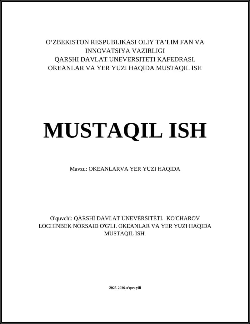 OKEANLAR VA YER YUZI HAQIDA MUSTAQIL ISH