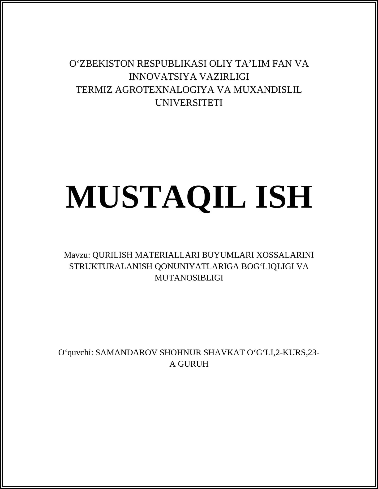 QURILISH MATERIALLARI BUYUMLARI XOSSALARINI STRUKTURALANISH