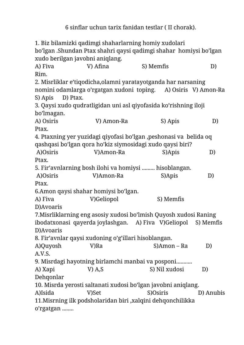 6 sinflar uchun tarix fanidan testlar ( II chorak)