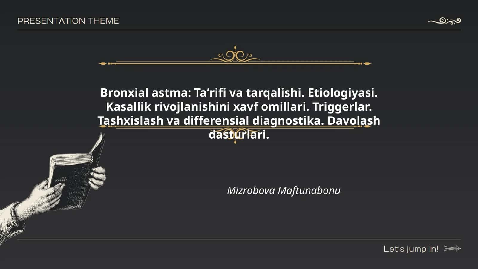 Bronxial astma: Taʼrifi va tarqalishi. Etiologiyasi. Kasallik rivojlanishini xavf omillari. Triggerlar. Tashxislash va differensial diagnostika. Davolash dasturlari