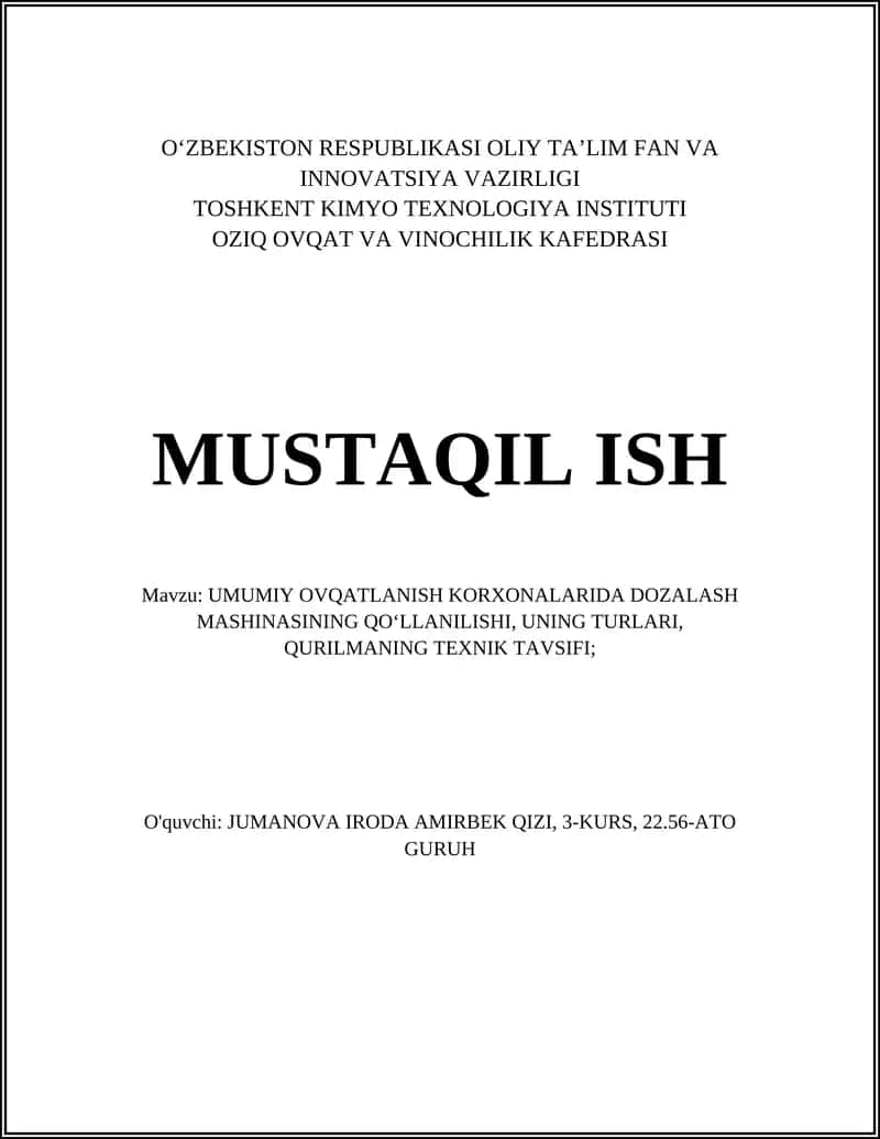 Dozalash mashinasi va uning umumiy ovqatlanish korxonalarida qo'llanilishi