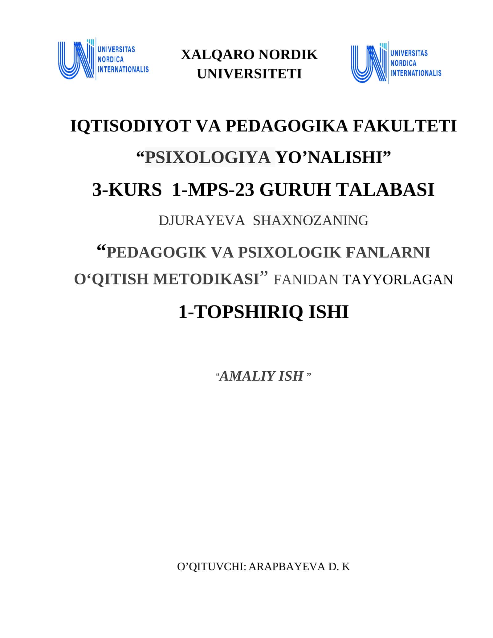 Amaliy ish mavzusi: O'quv motivatsiyasini tashxislash