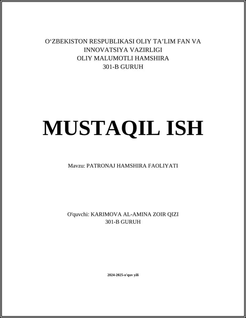 PATRONAJ HAMSHIRA FAOLIYATI