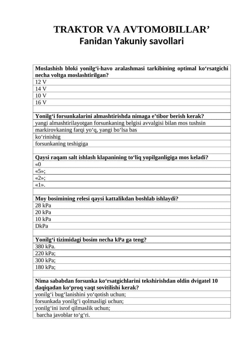 TRAKTOR VA AVTOMOBILLAR’ Fanidan Yakuniy savollari