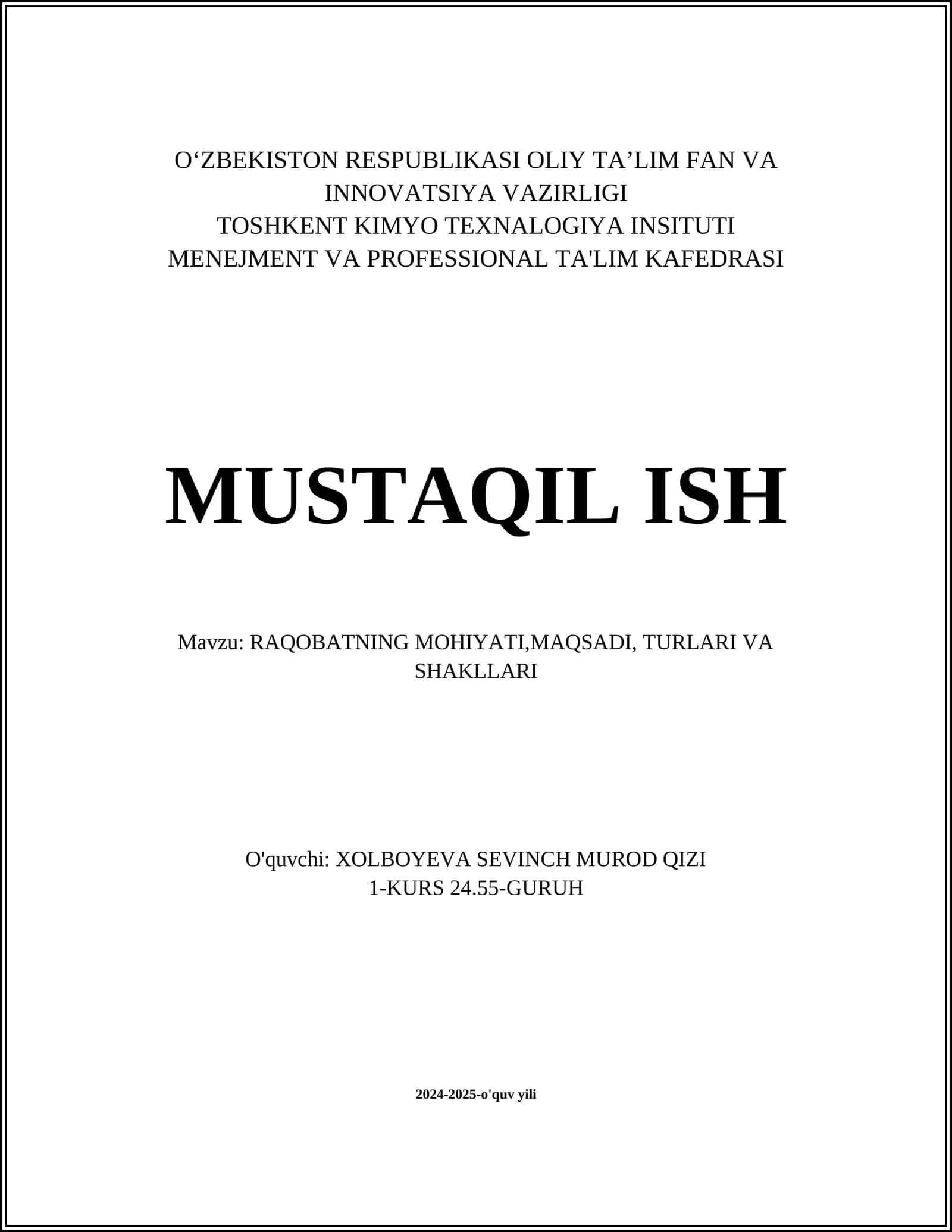 RAQOBATNING MOHIYATI,MAQSADI, TURLARI VA SHAKLLARI