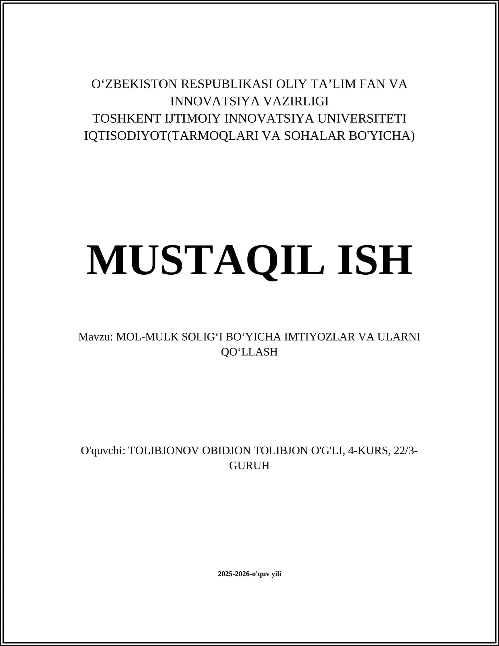 MOL-MULK SOLIG‘I BO‘YICHA IMTIYOZLAR VA ULARNI QO‘LLASH