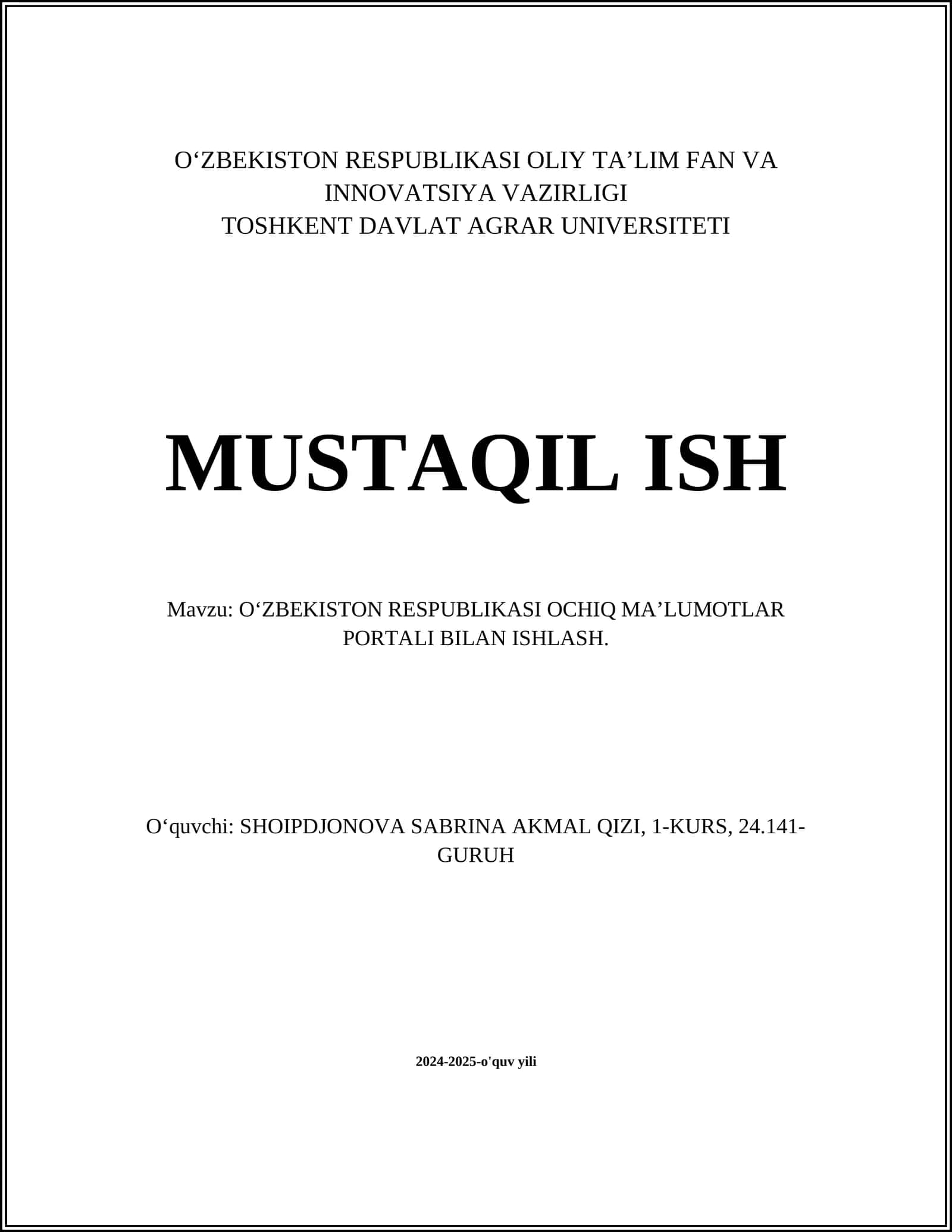 О‘ZBEKISTON RESPUBLIKASI OCHIQ MA’LUMOTLAR PORTALI BILAN ISHLASH