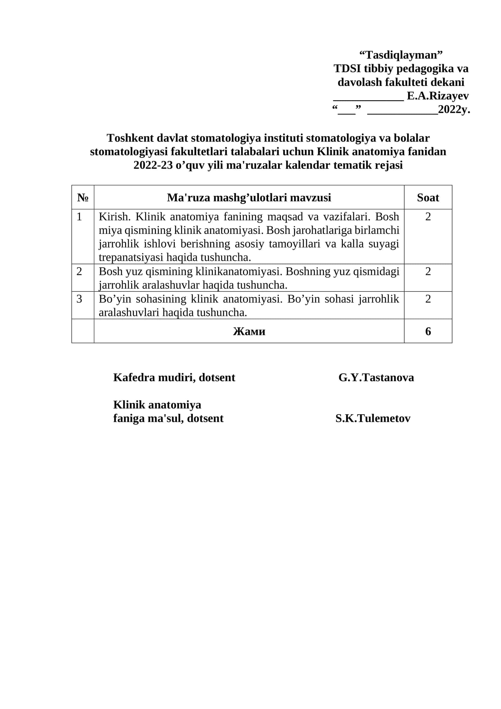 Klinik anatomiya fanidan 2022-23 o’quv yili ma'ruzalar kalendar tematik rejasi