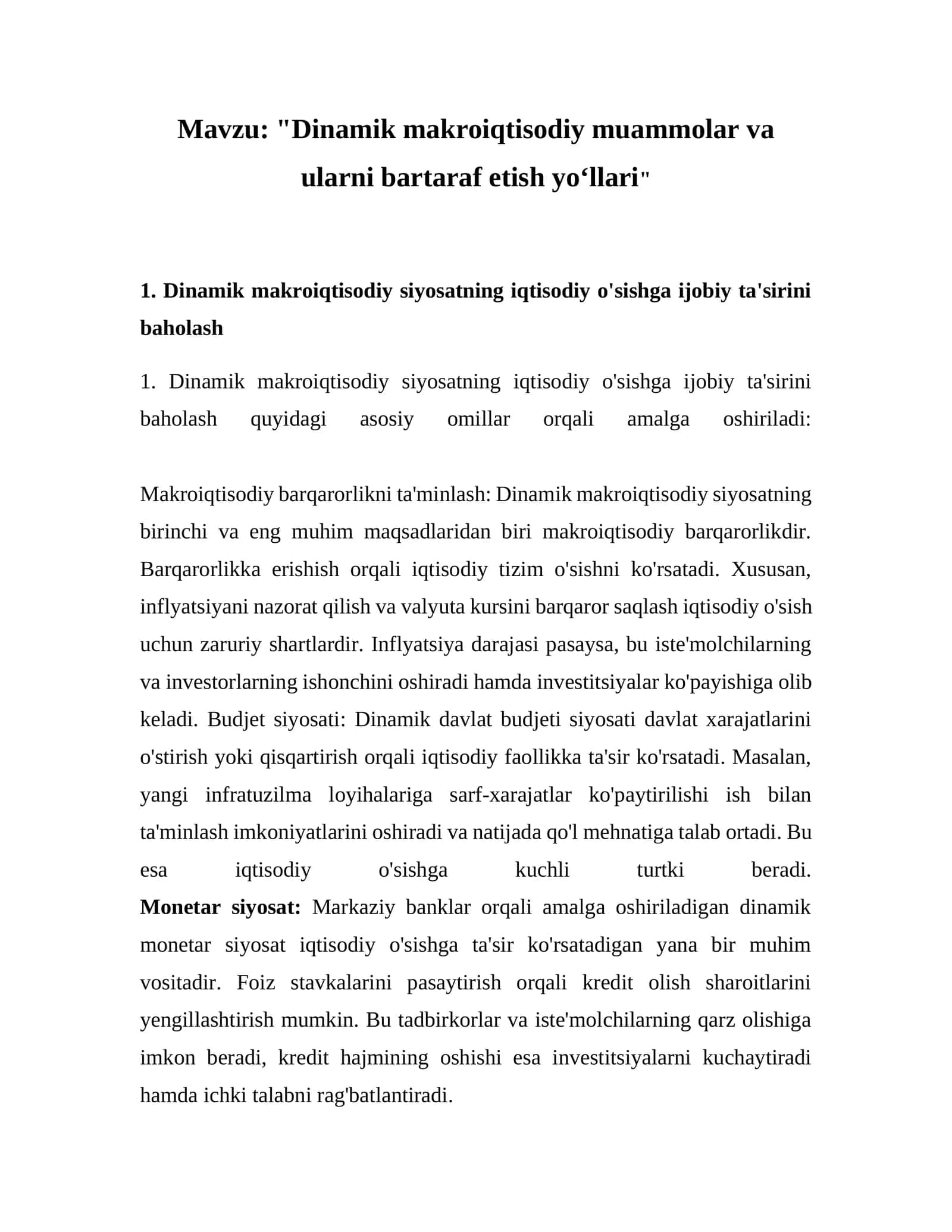 Dinamik makroiqtisodiy muammolar va ularni bartaraf etish yoʻllari