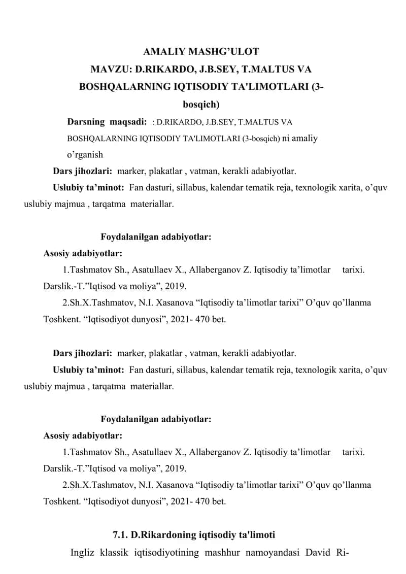 .RIKARDO, J.B.SEY, T.MALTUS VA BOSHQALARNING IQTISODIY TA'LIMOTLARI (3-bosqich)