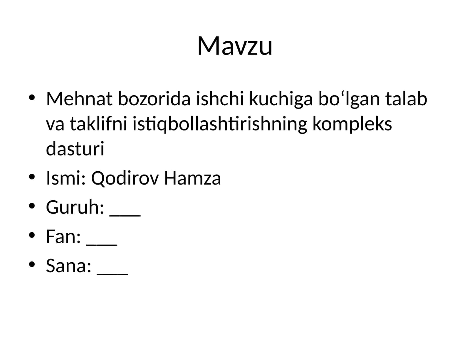 Mehnat bozorida ishchi kuchiga bo‘lgan talab va taklifni istiqbollashtirishning kompleks dasturi
