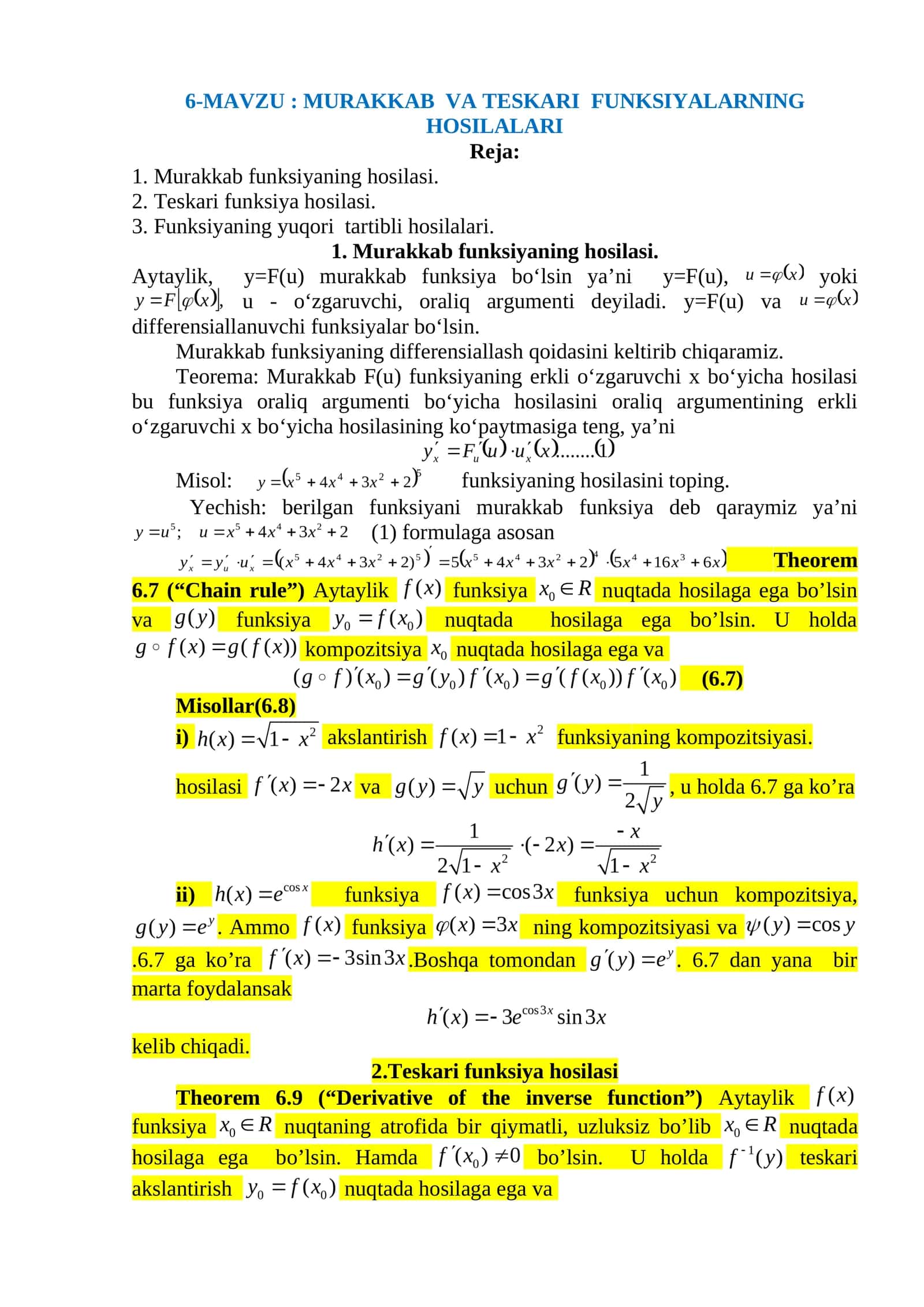 MURAKKAB VA TESKARI FUNKSIYALARNING HOSILALARI