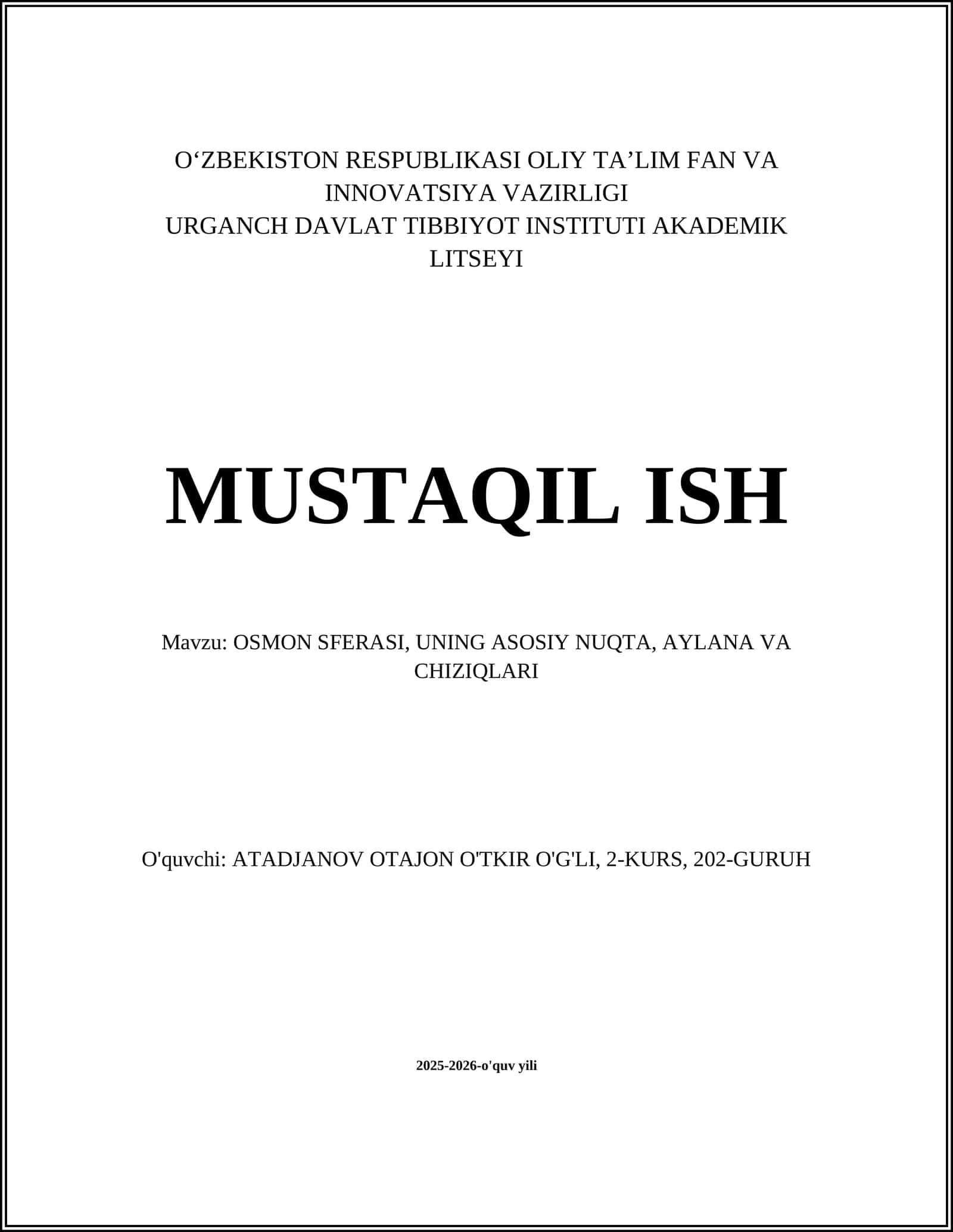 OSMON SFERASI, UNING ASOSIY NUQTA, AYLANA VA CHIZIQLARI