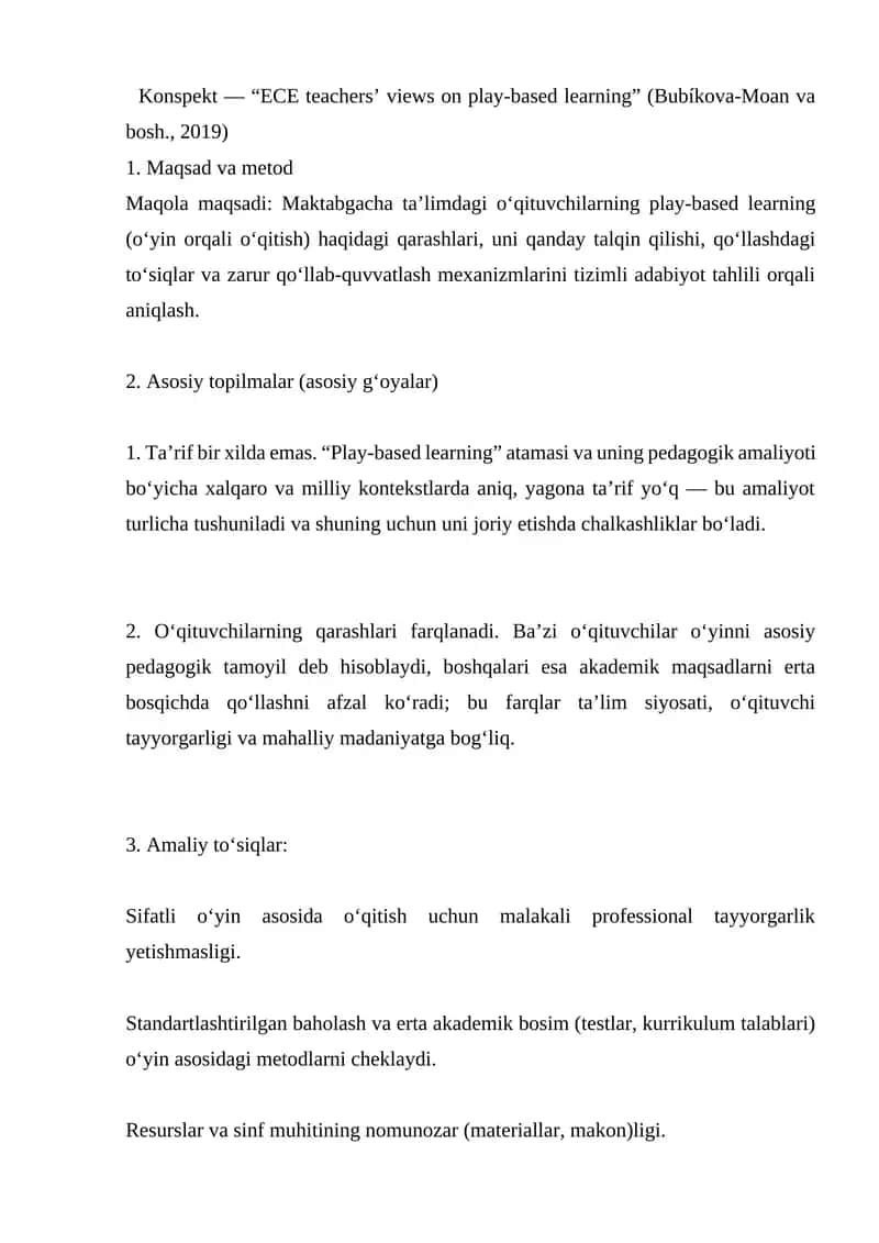Konspekt - “ECE teachers’ views on play-based learning” (Bubíkova-Moan va bosh., 2019)