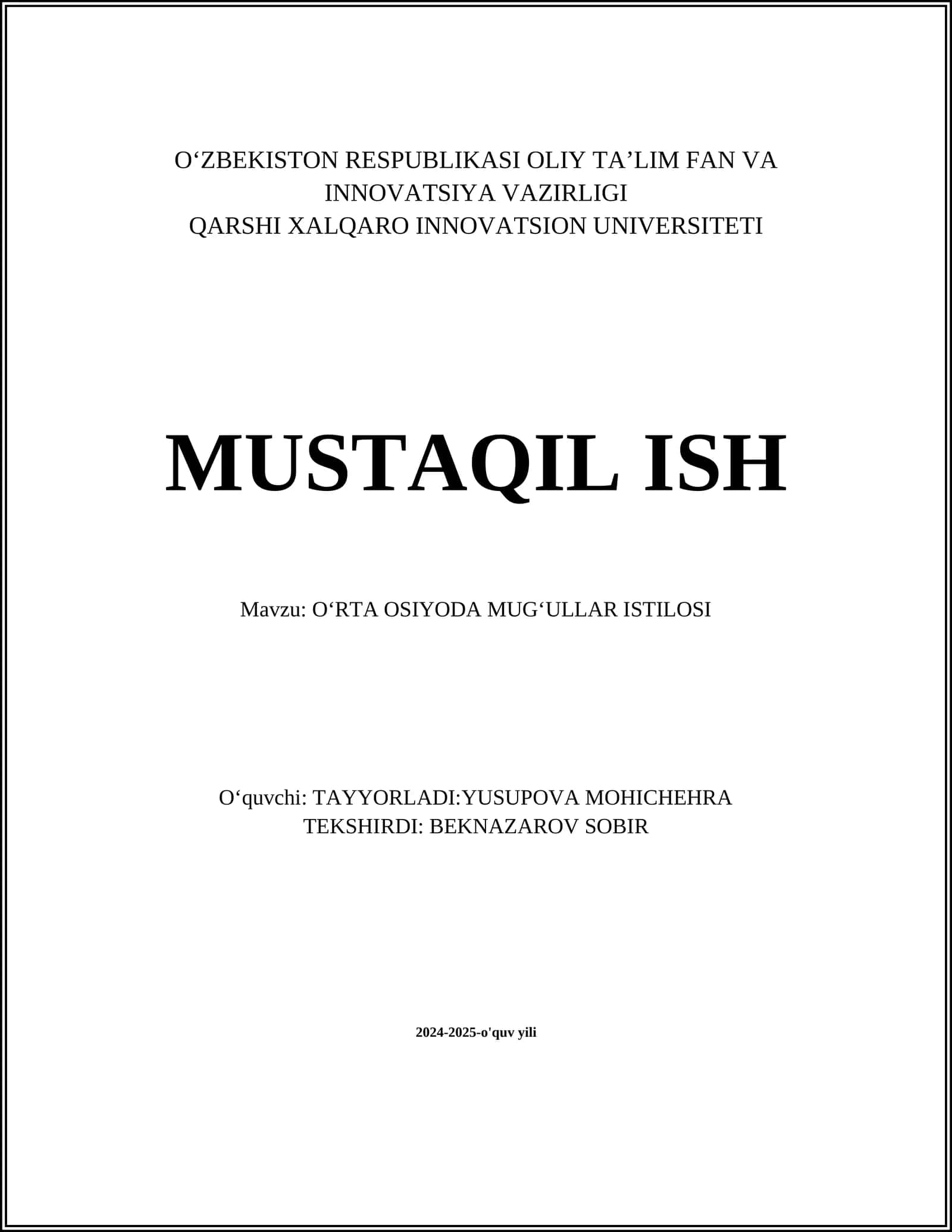 OʻRTA OSIYODA MUGʻULLAR ISTILOSI